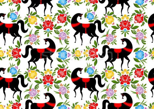 Gorodets painting Black horse and floral seamless pattern. Russi Stock photo © MaryValery