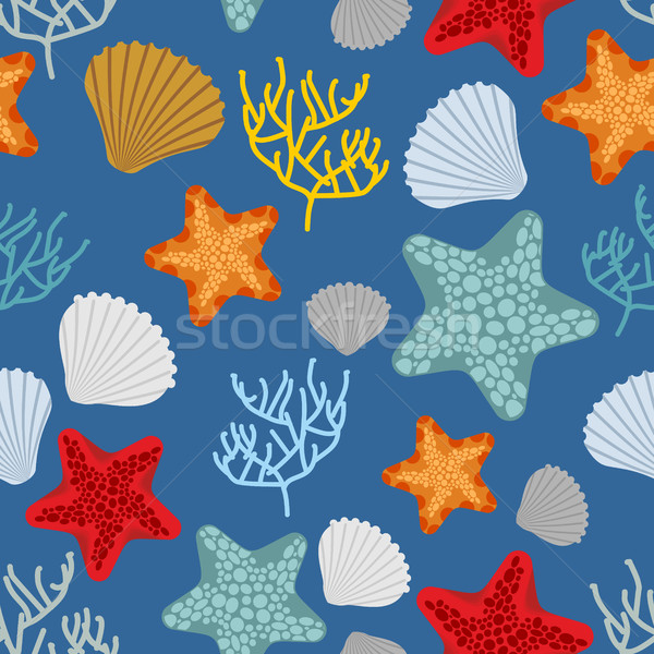 Marine seamless pattern. Starfish, scallop and corals. Clam shel Stock photo © MaryValery