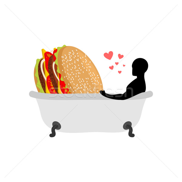 lover fast food. Man and hamburger in bath. Guy and Burger. Join Stock photo © MaryValery