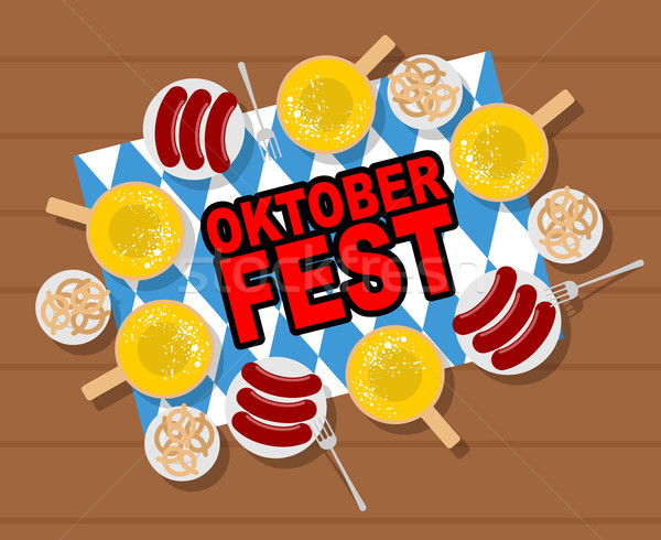 Stock photo: Oktoberfest: beer and sausages. Pretzels and grilled sausages on