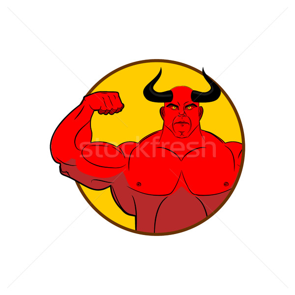 Logo-ul sală de gimnastică satana culturist biceps emblema Imagine de stoc © MaryValery