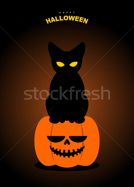 Happy Halloween. Black cat sits on pumpkin at night. Terrible sy Stock photo © MaryValery