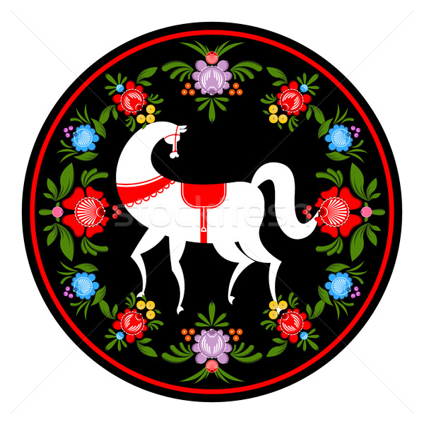 Gorodets painting white horse and floral elements. Russian natio Stock photo © MaryValery