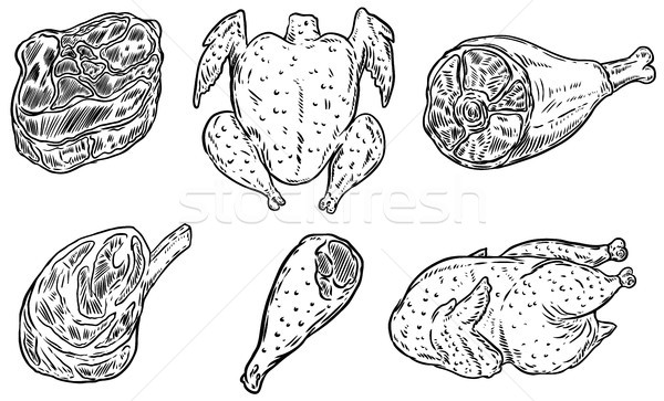 Set of hand drawn meat illustrations. Chicken meat, steak. Design element for poster, card, banner,  Stock photo © masay256
