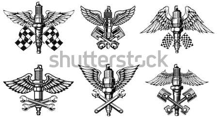 Set of emblems with medieval sword and wings. Design element for logo, label, emblem, sign.  Stock photo © masay256