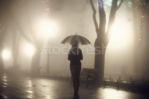 Single girl with umbrella at night alley. Photo with noise. Stock photo © Massonforstock