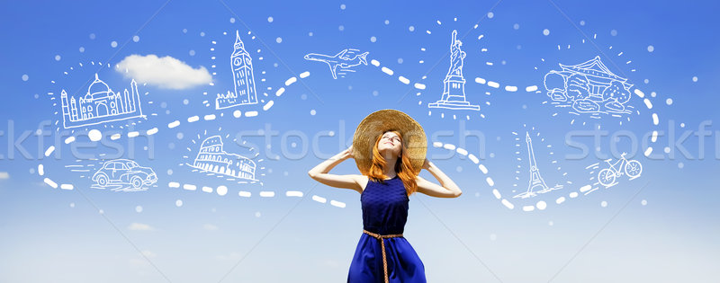 Vörös hajú nő lány álmodik utazó körül világ Stock fotó © Massonforstock