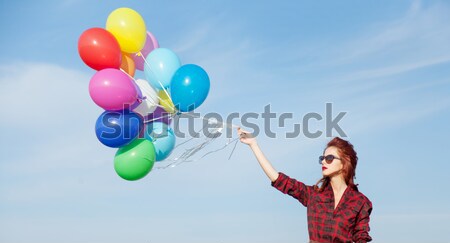 Stockfoto: Meisje · kleur · ballonnen · blauwe · hemel · partij