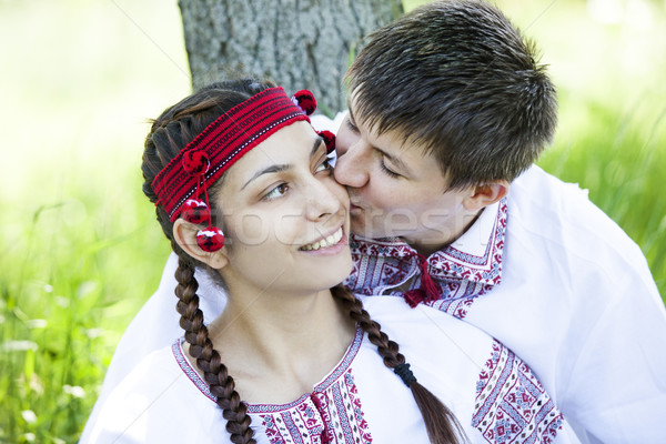 Stock photo: Slav girl and young cossack at nature.