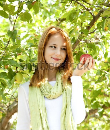 Gyönyörű fiatal vörös hajú nő nő áll almafa Stock fotó © Massonforstock