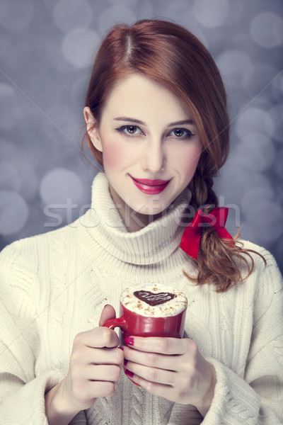 Vörös hajú nő lány piros kávéscsésze Valentin nap nap Stock fotó © Massonforstock