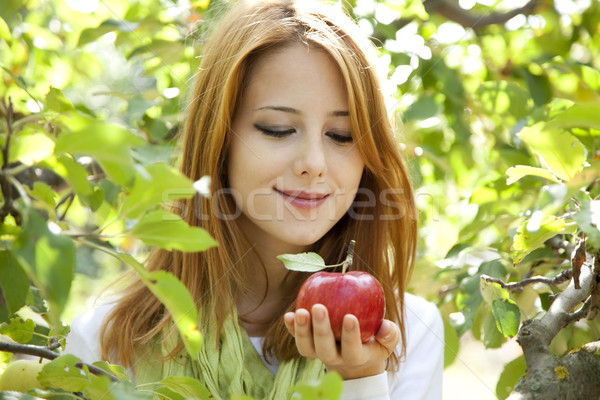 Stok fotoğraf: Güzel · genç · kadın · ayakta · elma · ağacı