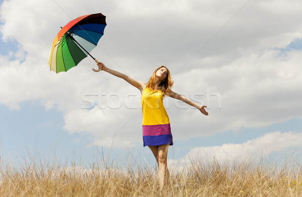 Foto stock: Nina · paraguas · pradera · nubes · danza · belleza