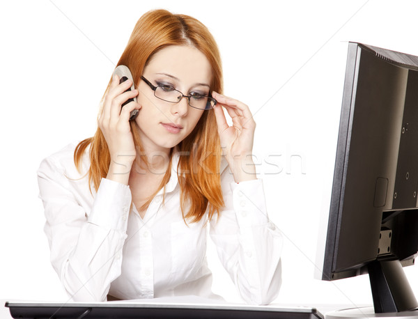 Zdjęcia stock: Młodych · business · woman · wzywając · telefonu · komputera · szczęśliwy