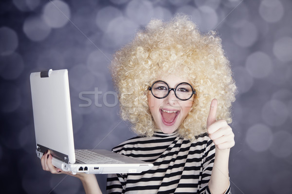 Retrato engraçado menina peruca laptop Foto stock © Massonforstock