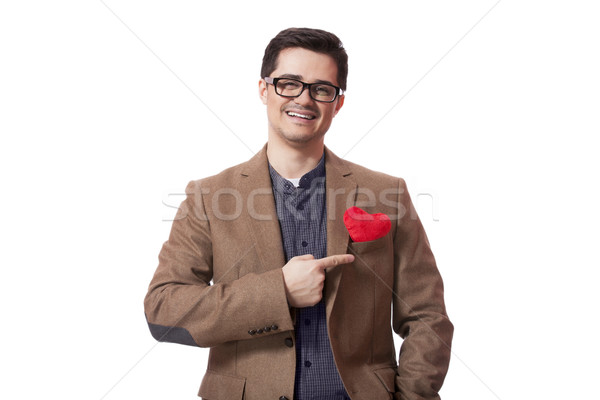 Portret młody człowiek kształt serca szczęśliwy tle podpisania Zdjęcia stock © Massonforstock
