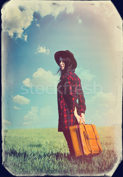 Güzel genç kadın kahverengi bavul ayakta şaşkınlık Stok fotoğraf © Massonforstock