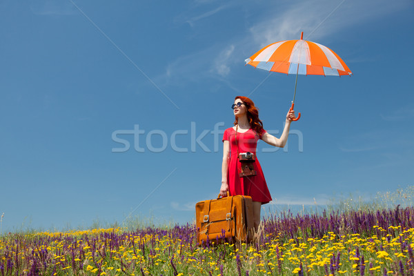girl in red dress with umbrella and suitcase Stock photo © Massonforstock