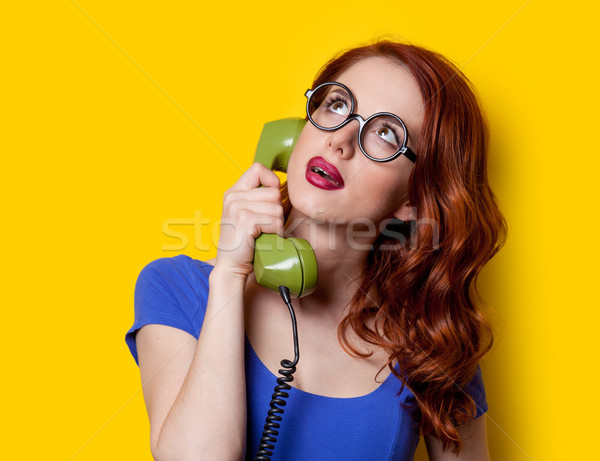 Stockfoto: Meisje · Blauw · jurk · bellen · telefoon · jonge