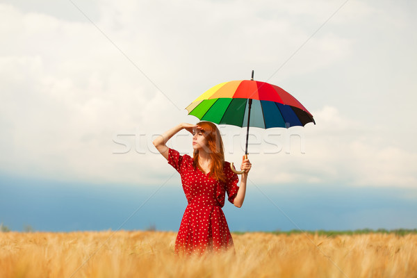 Vörös hajú nő lány esernyő mező nők természet Stock fotó © Massonforstock