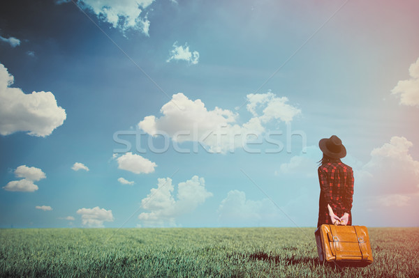 beautiful young woman with brown suitcase standing on the wonder Stock photo © Massonforstock