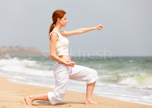 athletic woman performing a kick in an sand beach Stock photo © Massonforstock