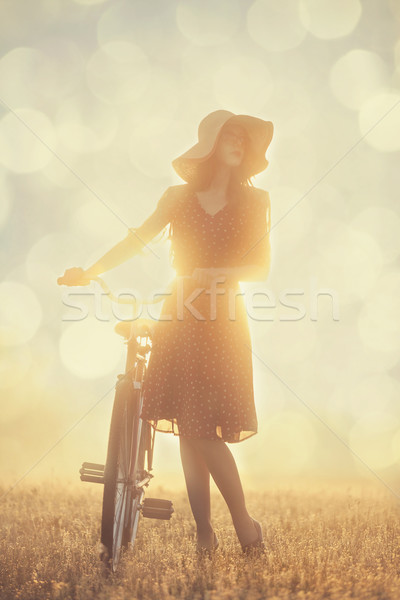 Foto stock: Menina · bicicleta · nascer · do · sol · tempo · estrada