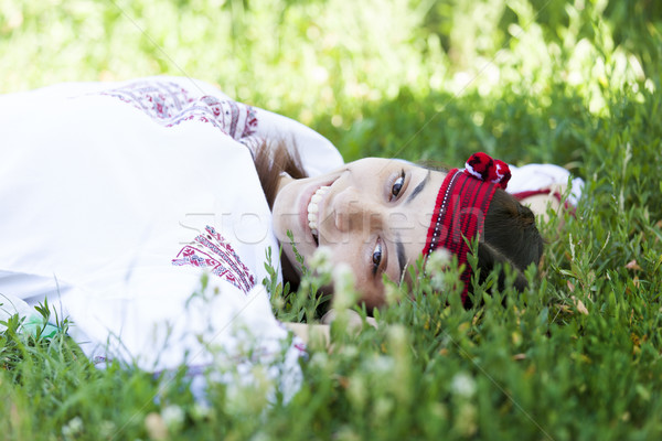 Slav girl at green meadow. Stock photo © Massonforstock