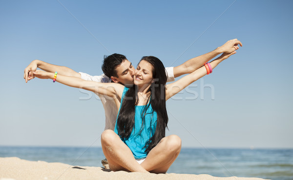 Foto stock: Belo · casal · praia · menina · feliz · mar