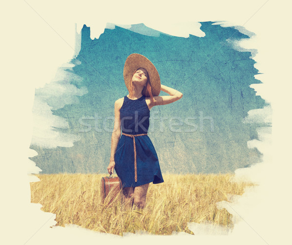 Lonely girl with suitcase at country. Photo in old paint color i Stock photo © Massonforstock