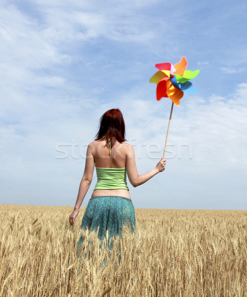 Dziewczyna turbina wiatrowa pole pszenicy niebo streszczenie charakter Zdjęcia stock © Massonforstock