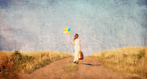 Stock photo: girl with suitcase and wind toy at countryside