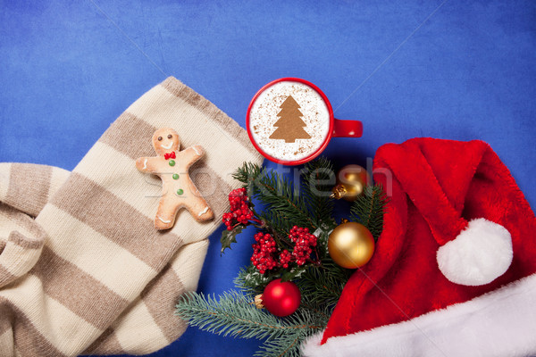 Cappuccino Geschenke Tasse Weihnachtsbaum Form blau Stock foto © Massonforstock