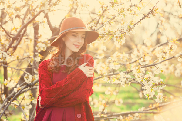 Kadın çiçek elma ağacı bahçe portre güzel Stok fotoğraf © Massonforstock