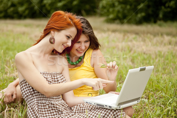Two beautiful girls with notebook on field Stock photo © Massonforstock