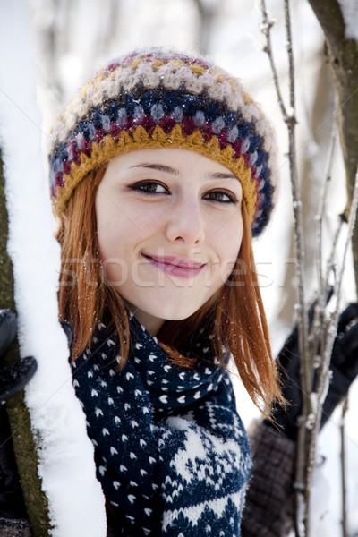 Foto d'archivio: Bella · giovani · donna · inverno · parco · albero