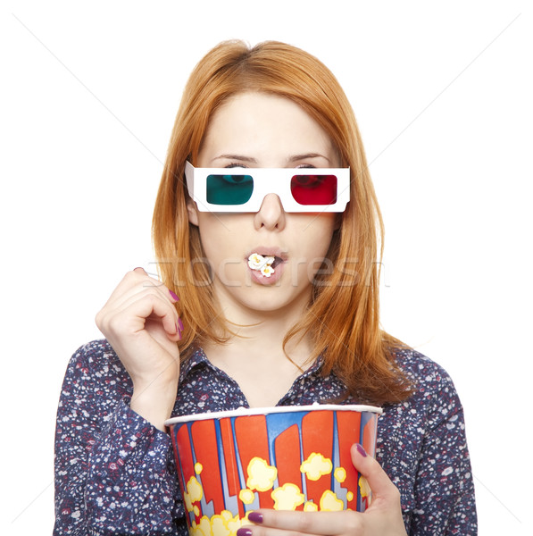 Kadın stereo gözlük yeme patlamış mısır Stok fotoğraf © Massonforstock