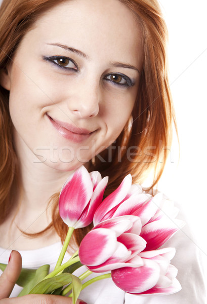 Stock foto: Mädchen · Tulpen · Frühling · Lächeln · Gesicht · glücklich