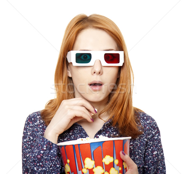 Kobiet stereo okulary jedzenie popcorn Zdjęcia stock © Massonforstock