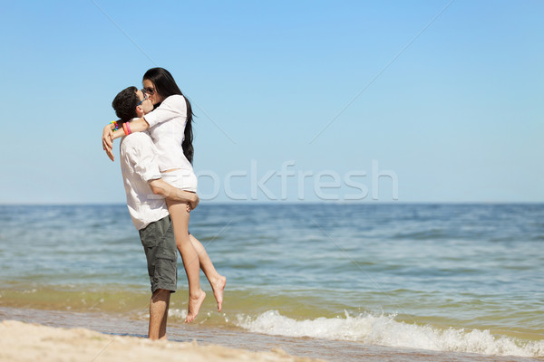 Foto stock: Belo · casal · beijando · praia · menina · feliz