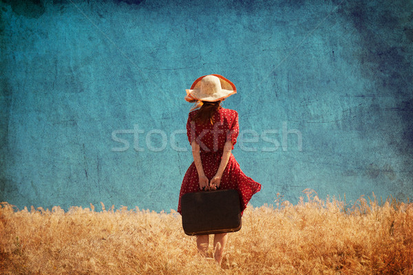 Redhead girl with suitcase at summer field Stock photo © Massonforstock