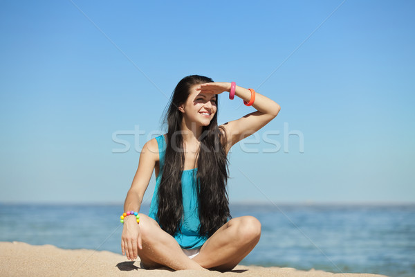 Stock fotó: Gyönyörű · lány · tengerpart · nők · boldog · szépség · kék