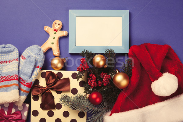 Gingerbread man natal presentes photo frame azul retro Foto stock © Massonforstock