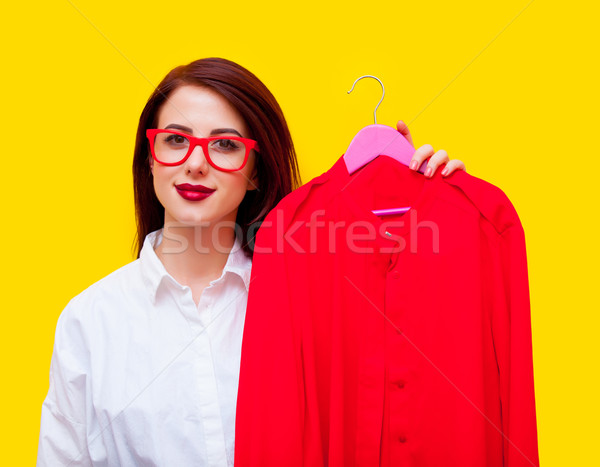 Retrato mulher jovem vestir belo óculos em pé Foto stock © Massonforstock