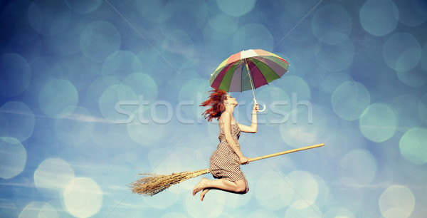 Сток-фото: молодые · ведьмой · метлой · Flying · небе · зонтик