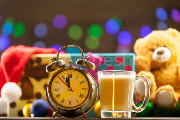 Stock photo: Alarm clock and cup of cappuccino 