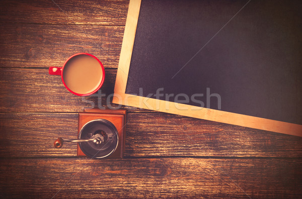 Stock foto: Tasse · Kaffee · Schleifer · Tafel · Holztisch · Schule