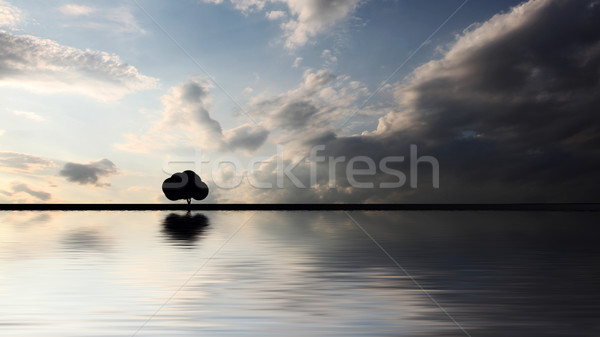 Foto stock: Resumen · árbol · puesta · de · sol · agua · paisaje · verano