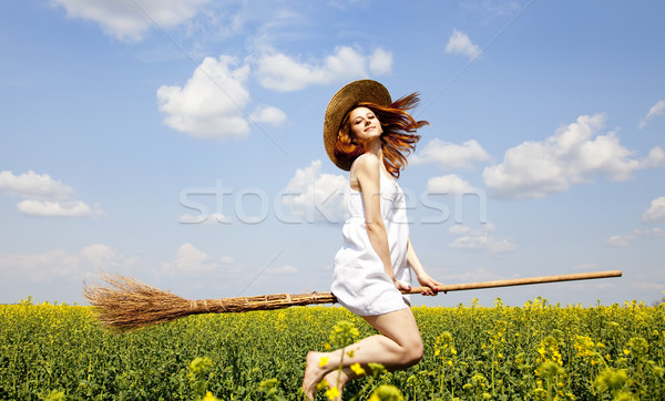 Stock photo: Redhead enchantress fly over spring rapeseed field at broom.
