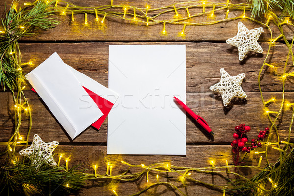 Levha kâğıt ahşap masa kalem Noel süslemeleri Stok fotoğraf © master1305